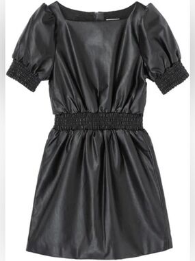 Habitual | Girl’s Black Faux Leather Short Puff-Sleeve Back Zip Mini Dress Sz 16